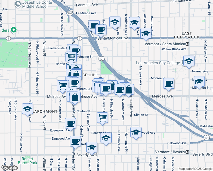 map of restaurants, bars, coffee shops, grocery stores, and more near 732 North Harvard Boulevard in Los Angeles