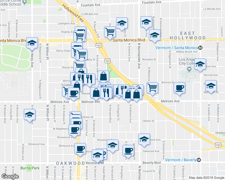 map of restaurants, bars, coffee shops, grocery stores, and more near 730 North Hobart Boulevard in Los Angeles