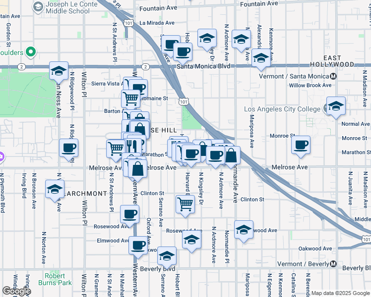 map of restaurants, bars, coffee shops, grocery stores, and more near 730 North Hobart Boulevard in Los Angeles