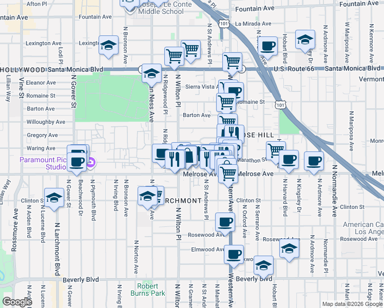 map of restaurants, bars, coffee shops, grocery stores, and more near 733 North Gramercy Place in Los Angeles