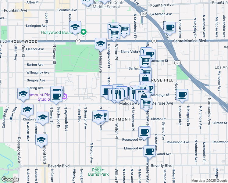 map of restaurants, bars, coffee shops, grocery stores, and more near 729 North Wilton Place in Los Angeles