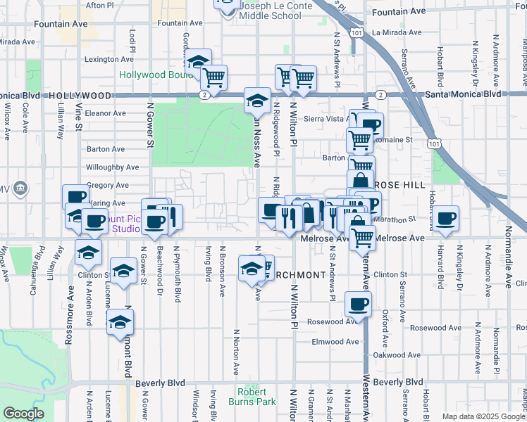 map of restaurants, bars, coffee shops, grocery stores, and more near 732 North Van Ness Avenue in Los Angeles