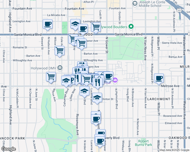 map of restaurants, bars, coffee shops, grocery stores, and more near 5801 Camerford Avenue in Los Angeles