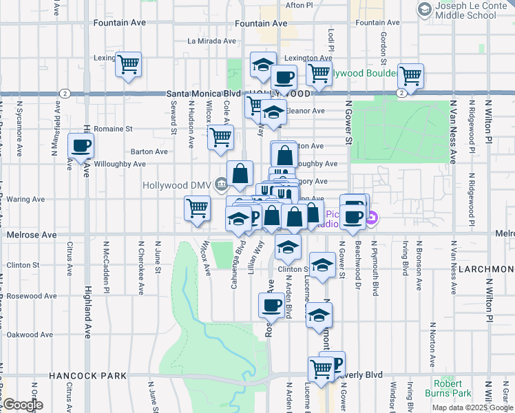 map of restaurants, bars, coffee shops, grocery stores, and more near 727 Vine Street in Los Angeles