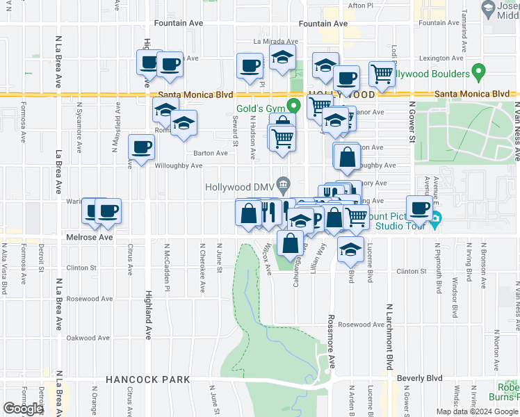 map of restaurants, bars, coffee shops, grocery stores, and more near 733 North Hudson Avenue in Los Angeles