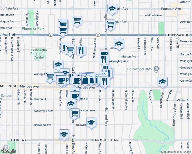 map of restaurants, bars, coffee shops, grocery stores, and more near 733 North Mansfield Avenue in Los Angeles
