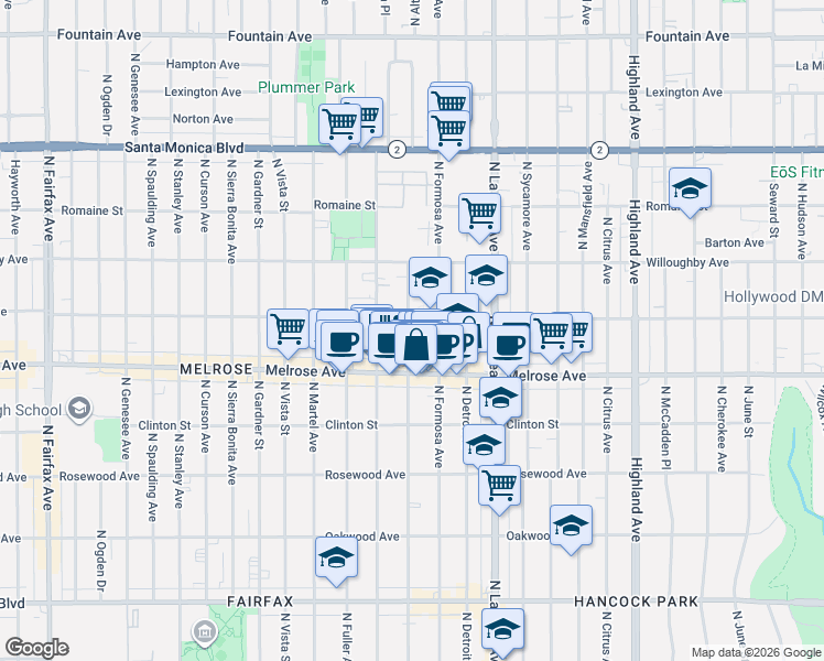 map of restaurants, bars, coffee shops, grocery stores, and more near 732 North Alta Vista Boulevard in West Hollywood