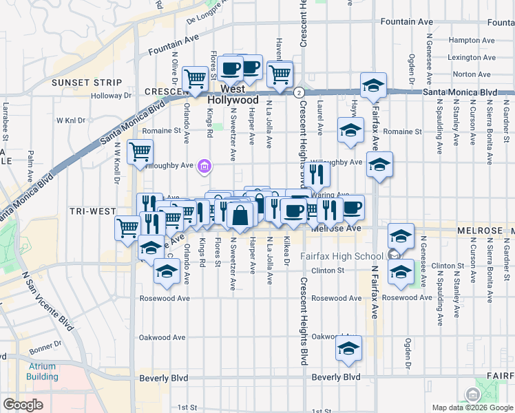 map of restaurants, bars, coffee shops, grocery stores, and more near 725 North Harper Avenue in Los Angeles