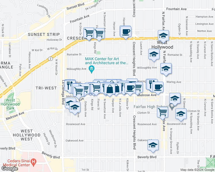 map of restaurants, bars, coffee shops, grocery stores, and more near 725 North Harper Avenue in Los Angeles
