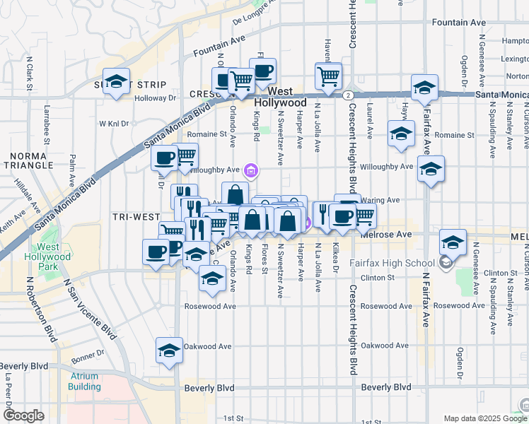 map of restaurants, bars, coffee shops, grocery stores, and more near 740 North Kings Road in Los Angeles