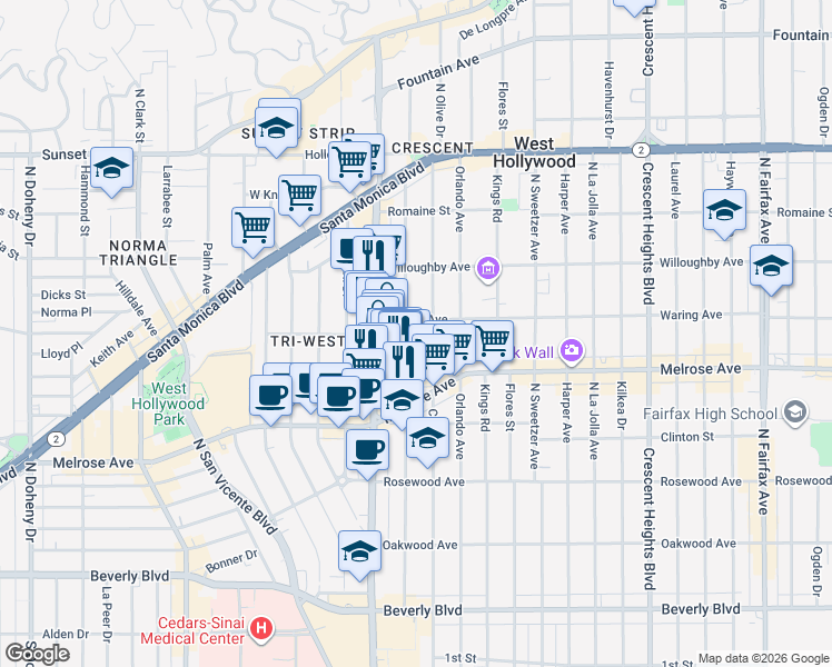 map of restaurants, bars, coffee shops, grocery stores, and more near 725 North Alfred Street in Los Angeles