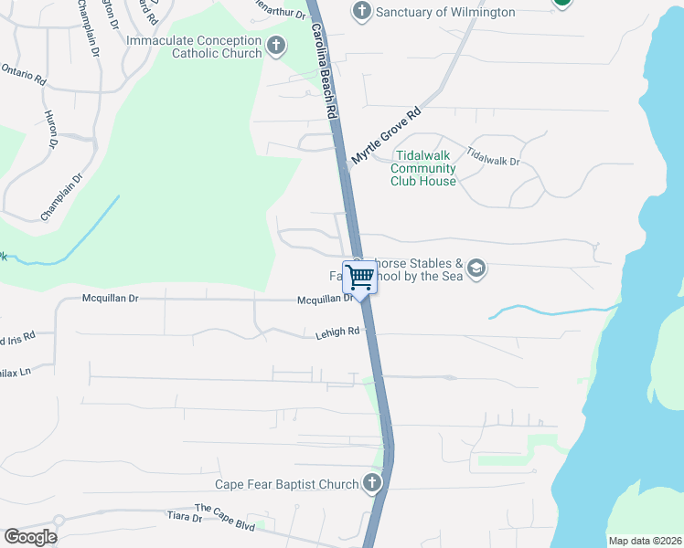 map of restaurants, bars, coffee shops, grocery stores, and more near 116 Mcquillan Drive in Wilmington