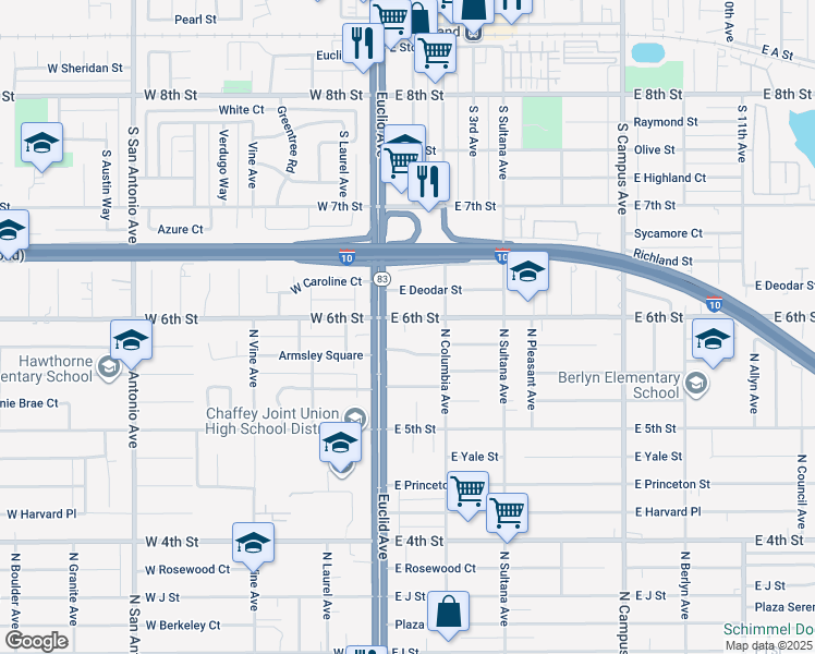 map of restaurants, bars, coffee shops, grocery stores, and more near 135 East La Deney Drive in Ontario