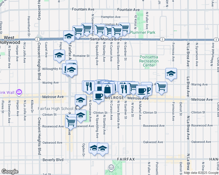 map of restaurants, bars, coffee shops, grocery stores, and more near 724 North Stanley Avenue in Los Angeles