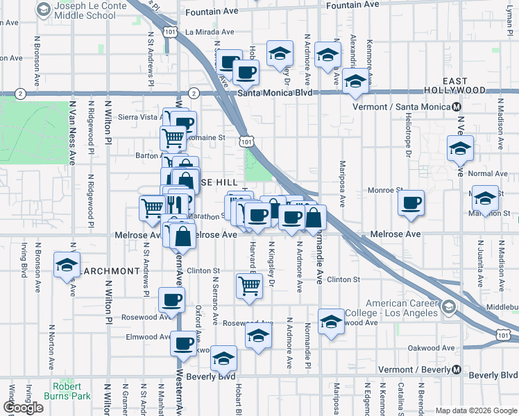 map of restaurants, bars, coffee shops, grocery stores, and more near 803 North Harvard Boulevard in Los Angeles