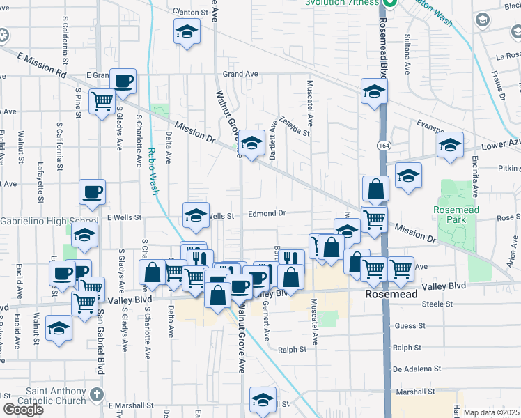 map of restaurants, bars, coffee shops, grocery stores, and more near 8633 Edmond Drive in Rosemead