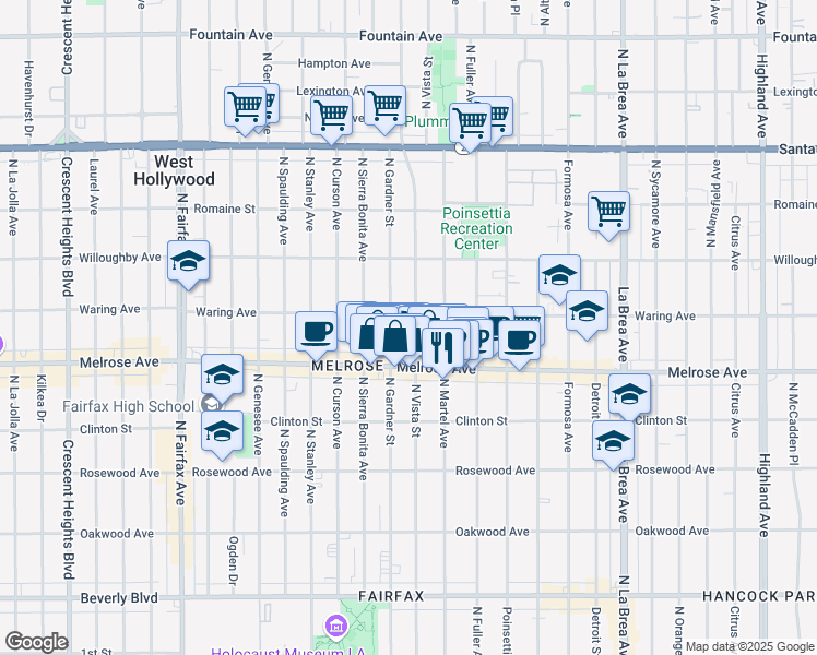 map of restaurants, bars, coffee shops, grocery stores, and more near 741 North Vista Street in Los Angeles