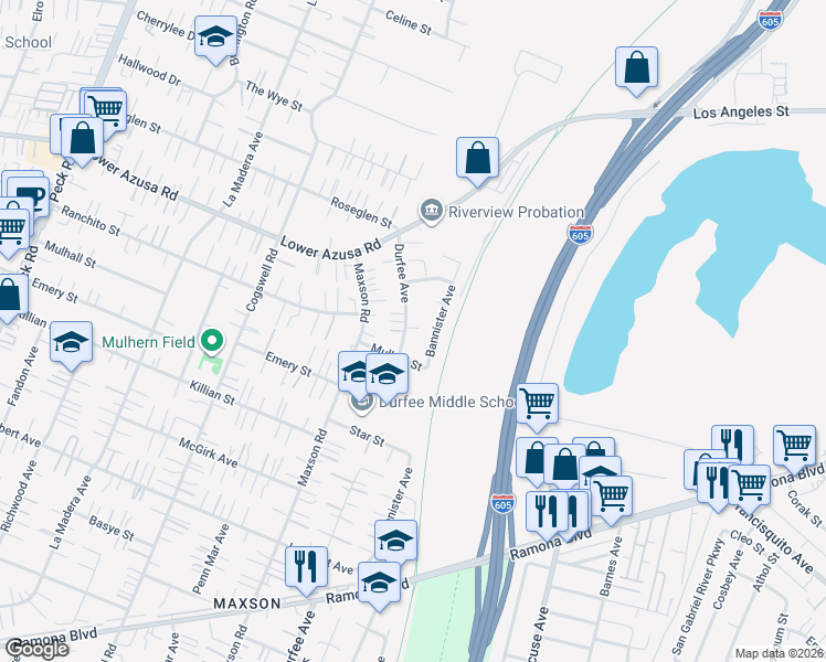 map of restaurants, bars, coffee shops, grocery stores, and more near 4724 Durfee Avenue in El Monte