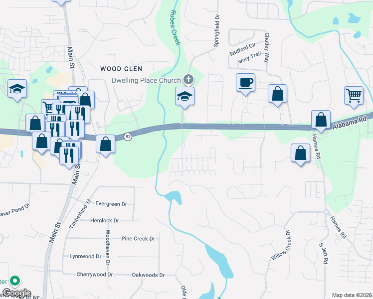 map of restaurants, bars, coffee shops, grocery stores, and more near 107 Manley Court in Woodstock