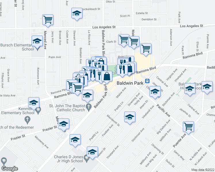 map of restaurants, bars, coffee shops, grocery stores, and more near 14200 Ramona Boulevard in Baldwin Park