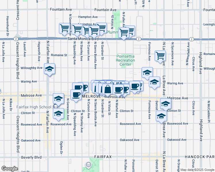 map of restaurants, bars, coffee shops, grocery stores, and more near 741 North Vista Street in Los Angeles