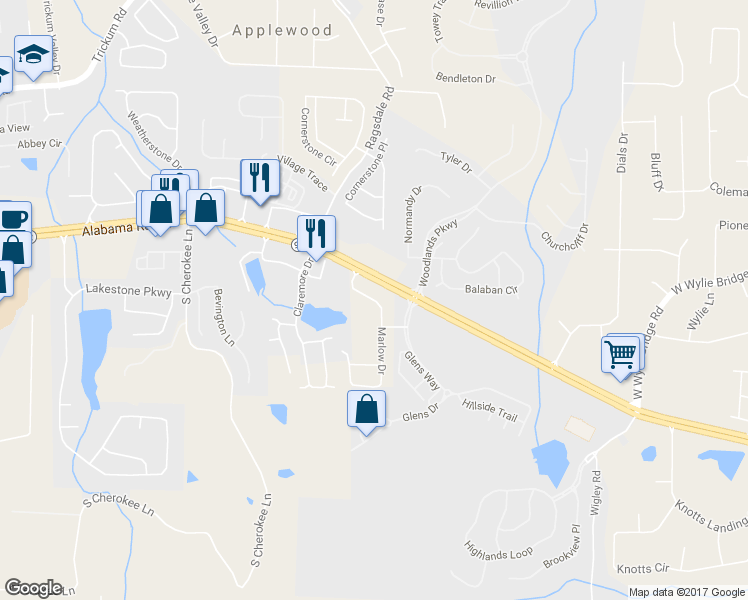map of restaurants, bars, coffee shops, grocery stores, and more near 127 Marlow Drive in Woodstock