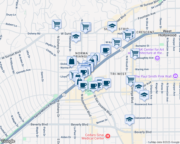 map of restaurants, bars, coffee shops, grocery stores, and more near Santa Monica Blvd & N San Vicente Blvd in West Hollywood