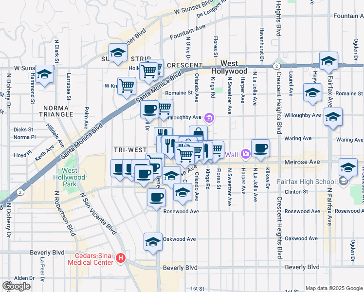map of restaurants, bars, coffee shops, grocery stores, and more near 730 1/2 North Croft Avenue in West Hollywood