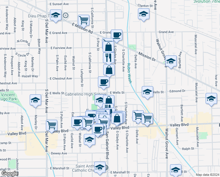 map of restaurants, bars, coffee shops, grocery stores, and more near 1302 East Wells Street in San Gabriel