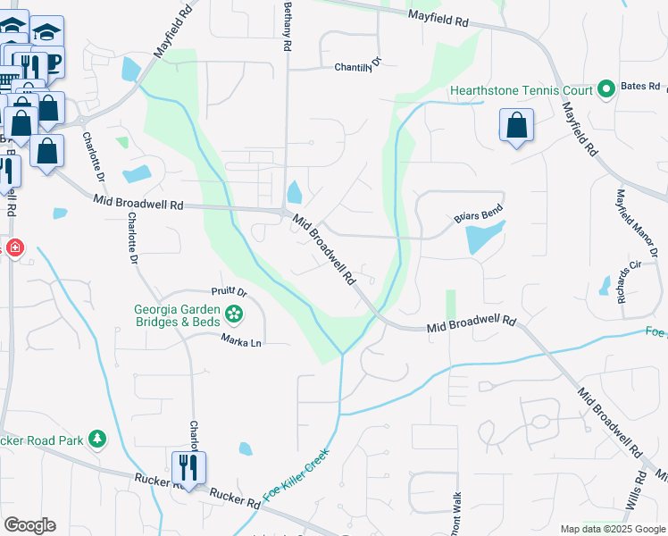 map of restaurants, bars, coffee shops, grocery stores, and more near 1275 Mid Broadwell Road in Alpharetta