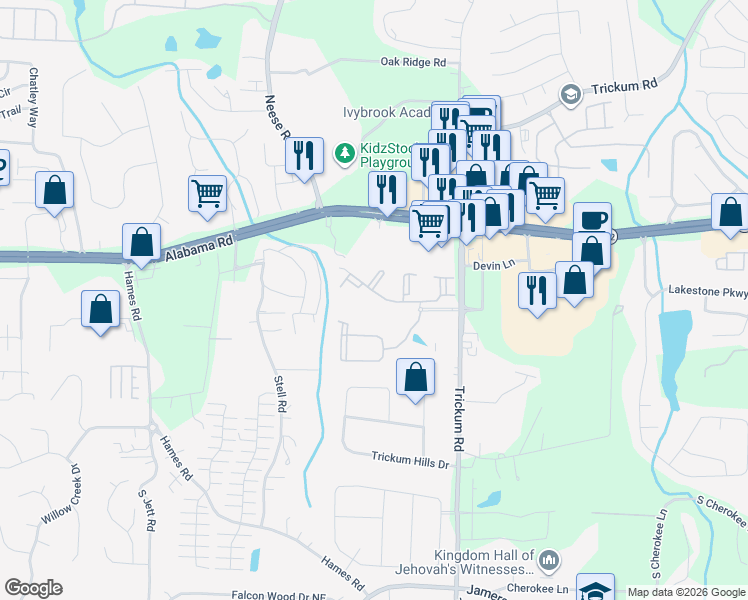 map of restaurants, bars, coffee shops, grocery stores, and more near 400 Willow Creek Lane in Woodstock