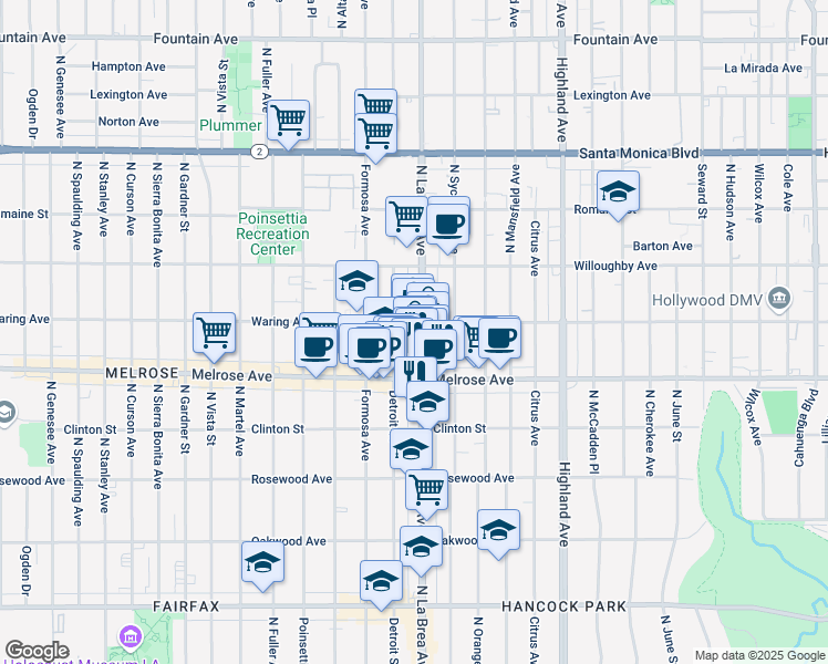 map of restaurants, bars, coffee shops, grocery stores, and more near 730 North La Brea Avenue in Los Angeles