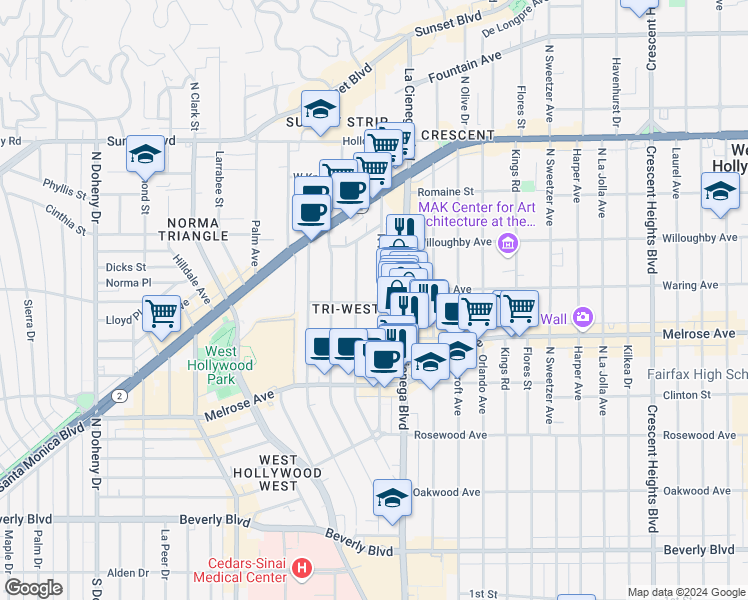 map of restaurants, bars, coffee shops, grocery stores, and more near 8555 Sherwood Drive in West Hollywood