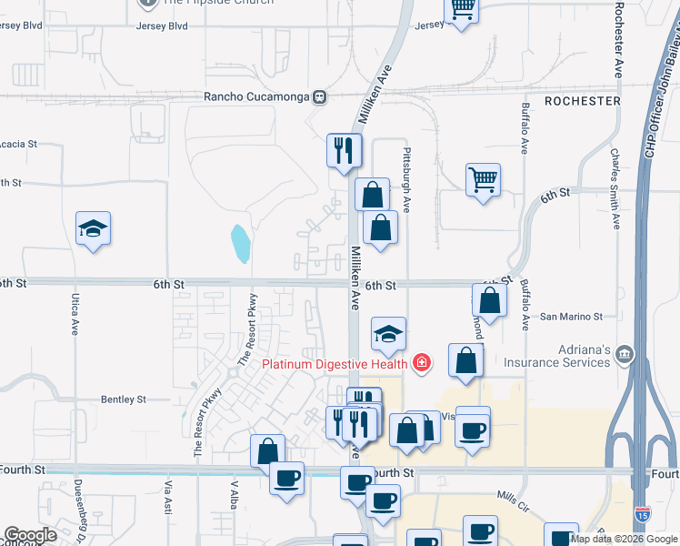 map of restaurants, bars, coffee shops, grocery stores, and more near 9200 Milliken Avenue in Rancho Cucamonga