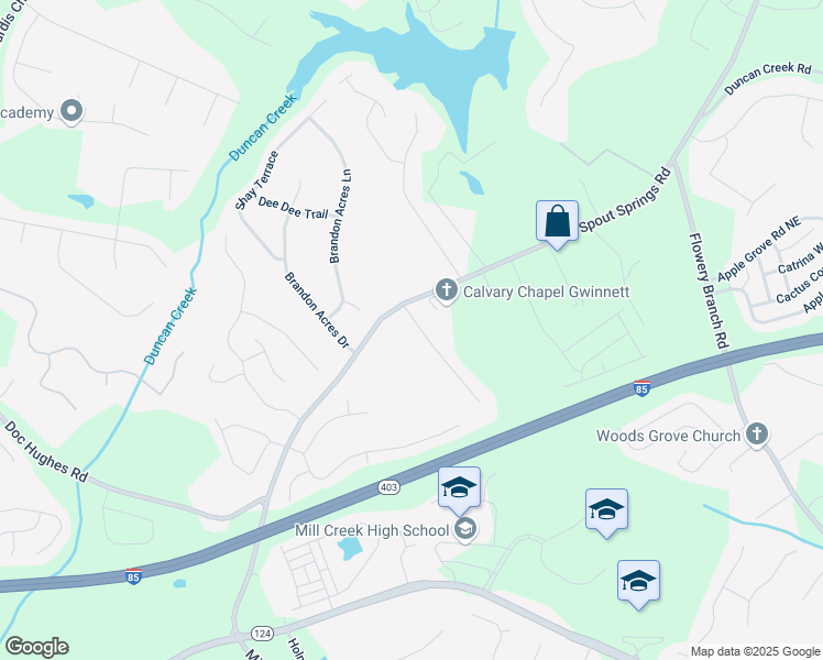 map of restaurants, bars, coffee shops, grocery stores, and more near 2180 Oakpointe Court in Buford