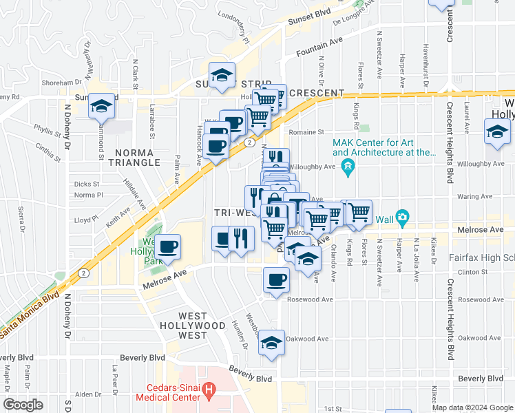 map of restaurants, bars, coffee shops, grocery stores, and more near 8555 Sherwood Drive in West Hollywood