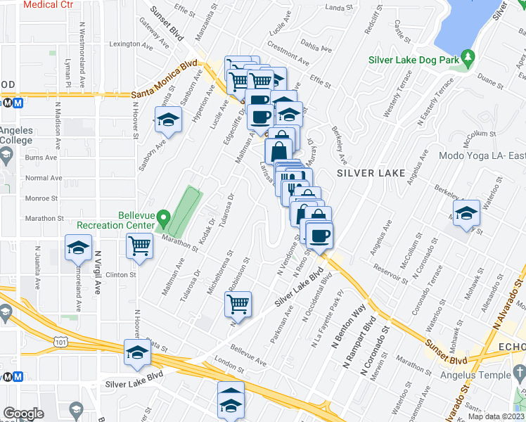 map of restaurants, bars, coffee shops, grocery stores, and more near 3376 Descanso Drive in Los Angeles