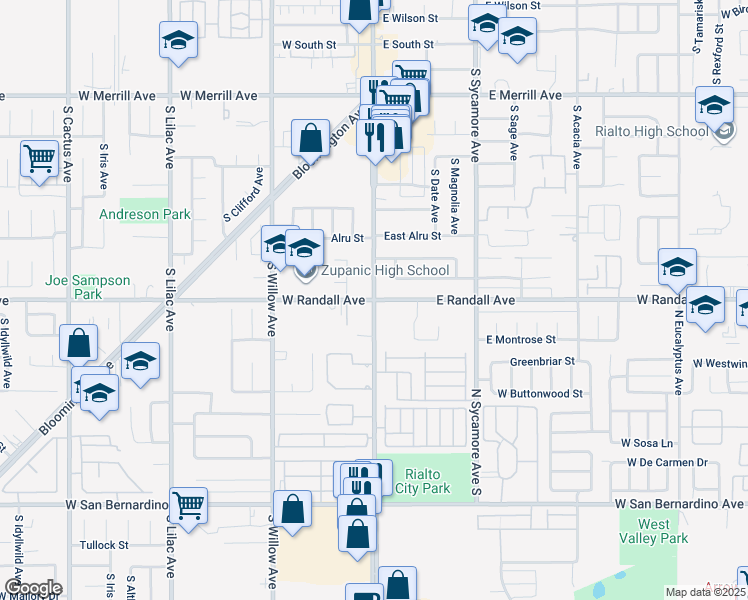 map of restaurants, bars, coffee shops, grocery stores, and more near 17 West Randall Avenue in Rialto