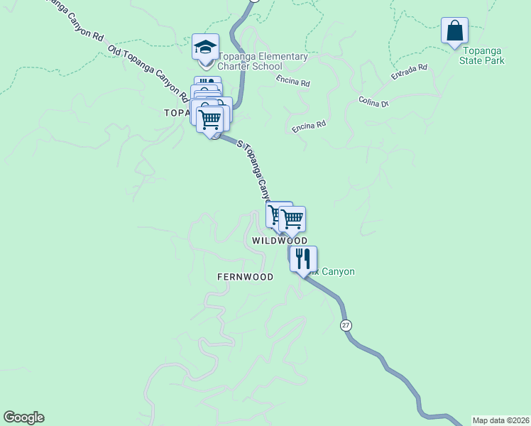 map of restaurants, bars, coffee shops, grocery stores, and more near 353 South Topanga Canyon Boulevard in Los Angeles County