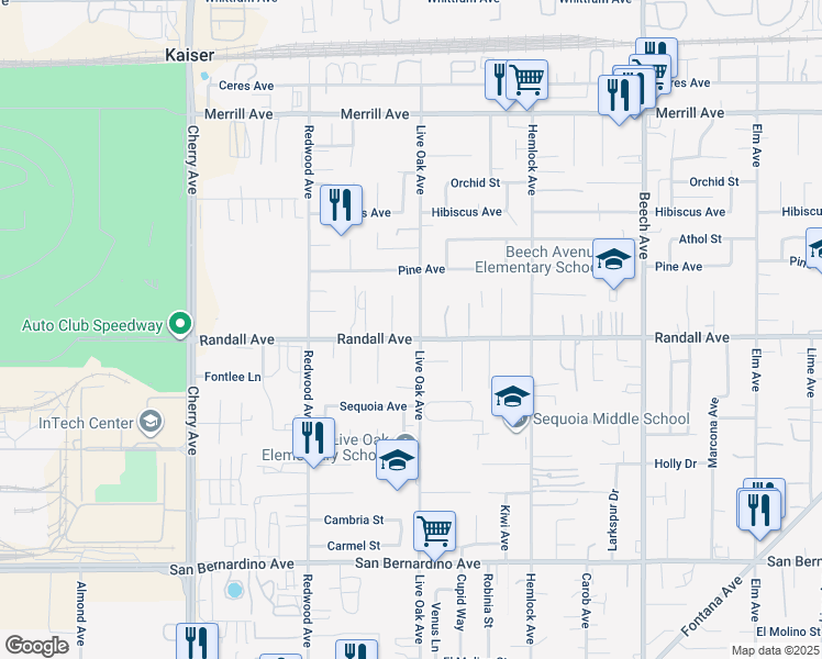 map of restaurants, bars, coffee shops, grocery stores, and more near 14897 Randall Avenue in Fontana
