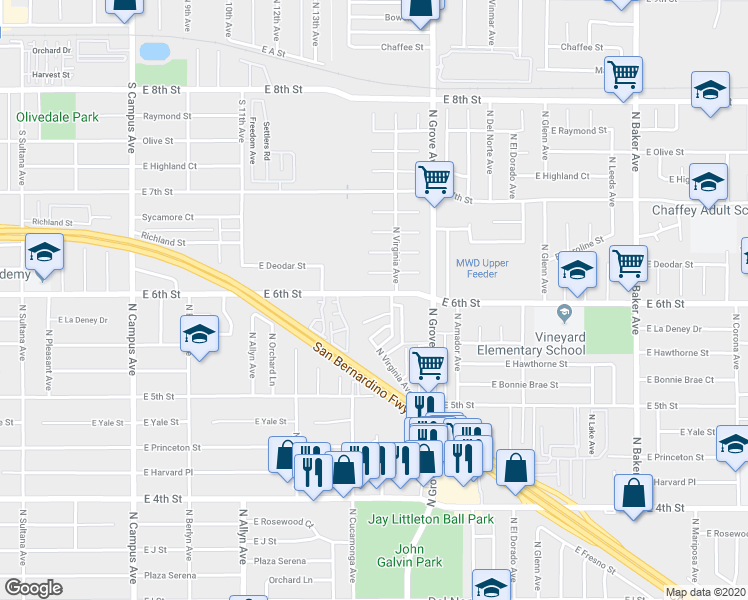 map of restaurants, bars, coffee shops, grocery stores, and more near 1109 East La Deney Court in Ontario