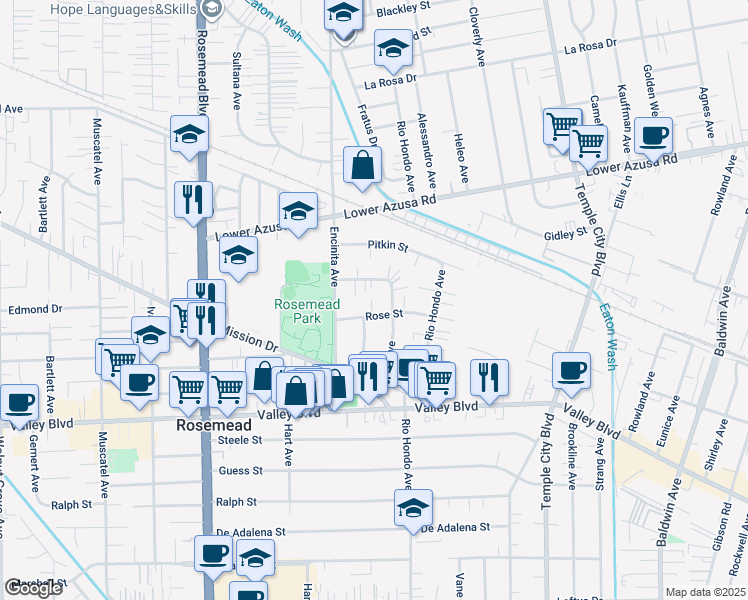 map of restaurants, bars, coffee shops, grocery stores, and more near 9231 Rose Street in Rosemead