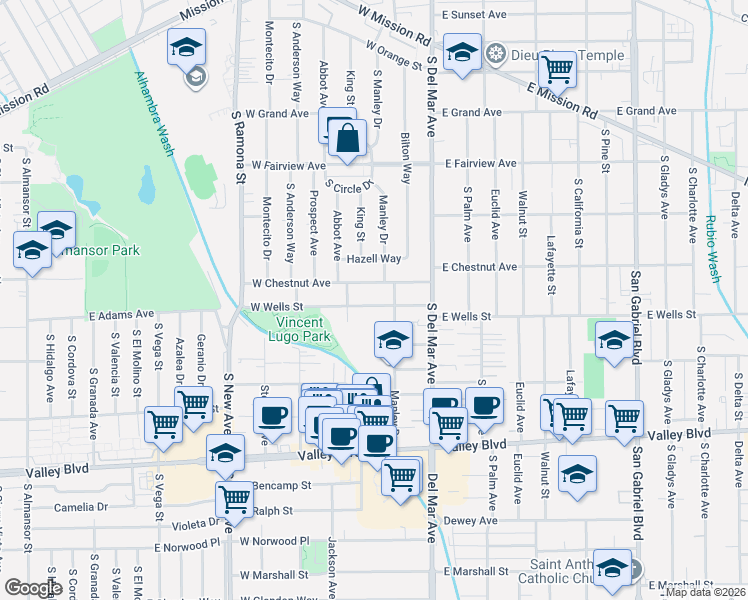 map of restaurants, bars, coffee shops, grocery stores, and more near 190 West Wells Street in San Gabriel