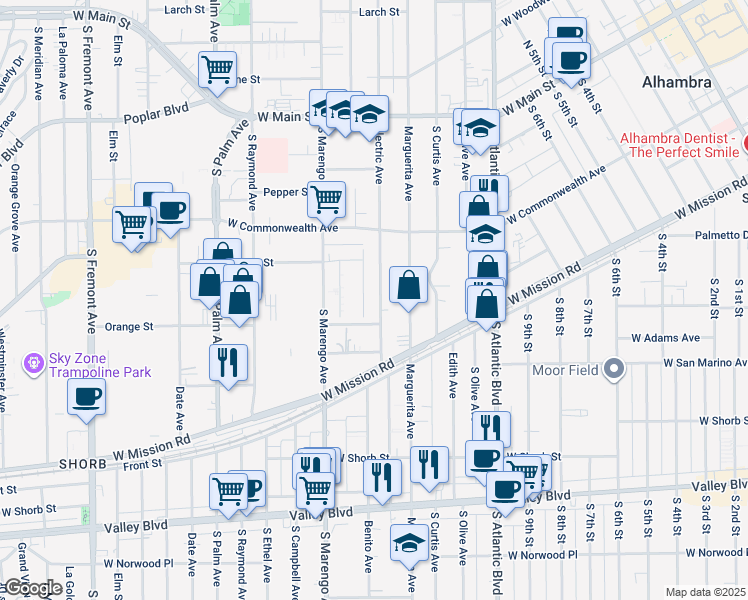 map of restaurants, bars, coffee shops, grocery stores, and more near 513 Electric Avenue in Alhambra