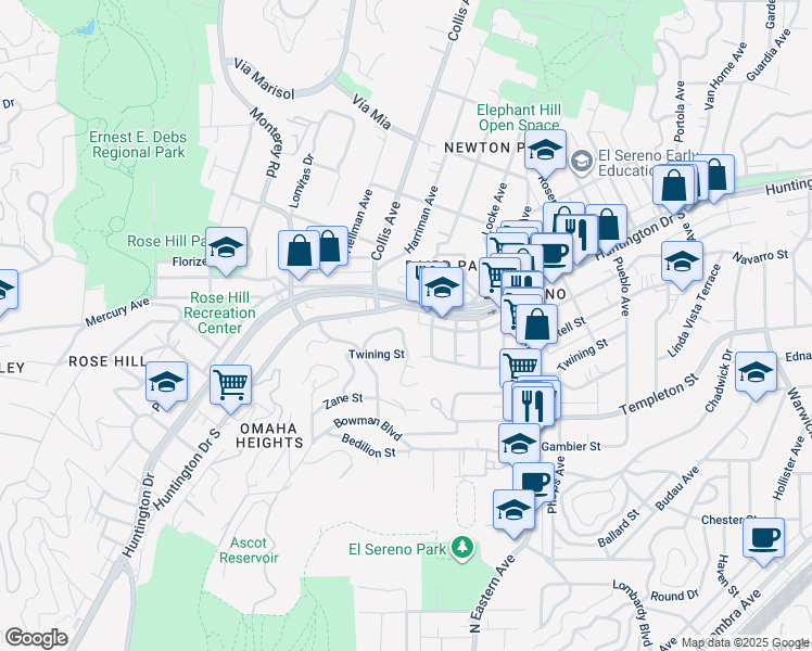 map of restaurants, bars, coffee shops, grocery stores, and more near 4648 Grey Drive in Los Angeles