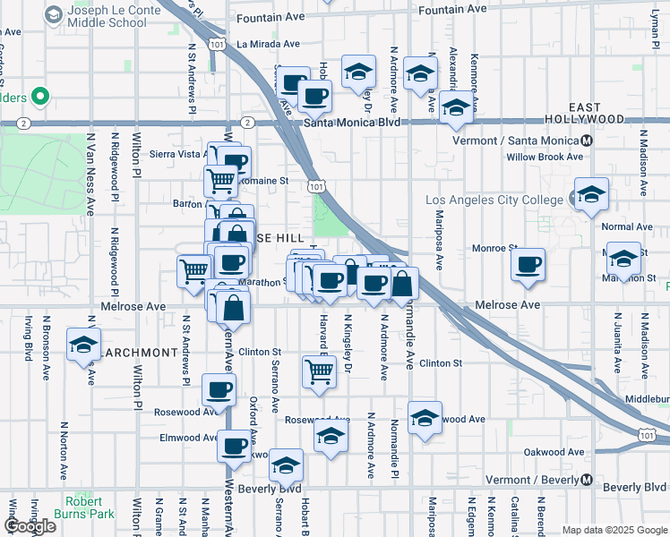 map of restaurants, bars, coffee shops, grocery stores, and more near 732 North Harvard Boulevard in Los Angeles