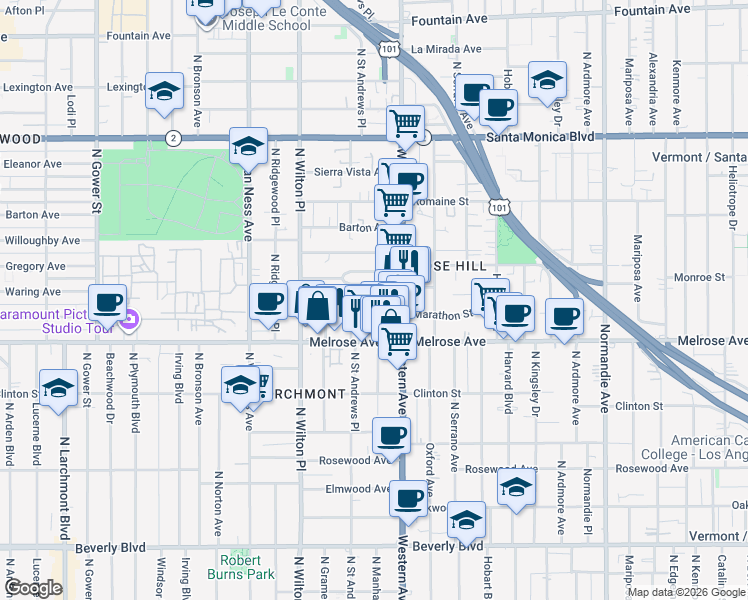 map of restaurants, bars, coffee shops, grocery stores, and more near 740 Saint Andrews Place in Los Angeles