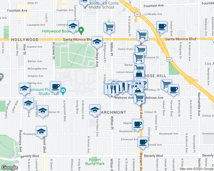 map of restaurants, bars, coffee shops, grocery stores, and more near 729 North Wilton Place in Los Angeles