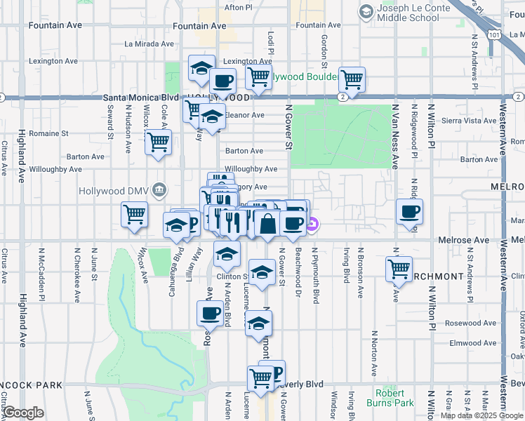 map of restaurants, bars, coffee shops, grocery stores, and more near 5801 Camerford Avenue in Los Angeles