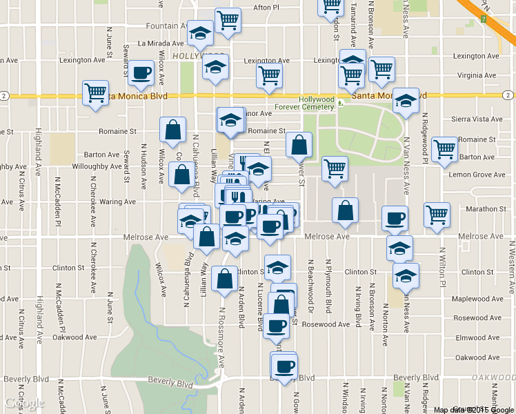 map of restaurants, bars, coffee shops, grocery stores, and more near 5801 Camerford Avenue in Los Angeles